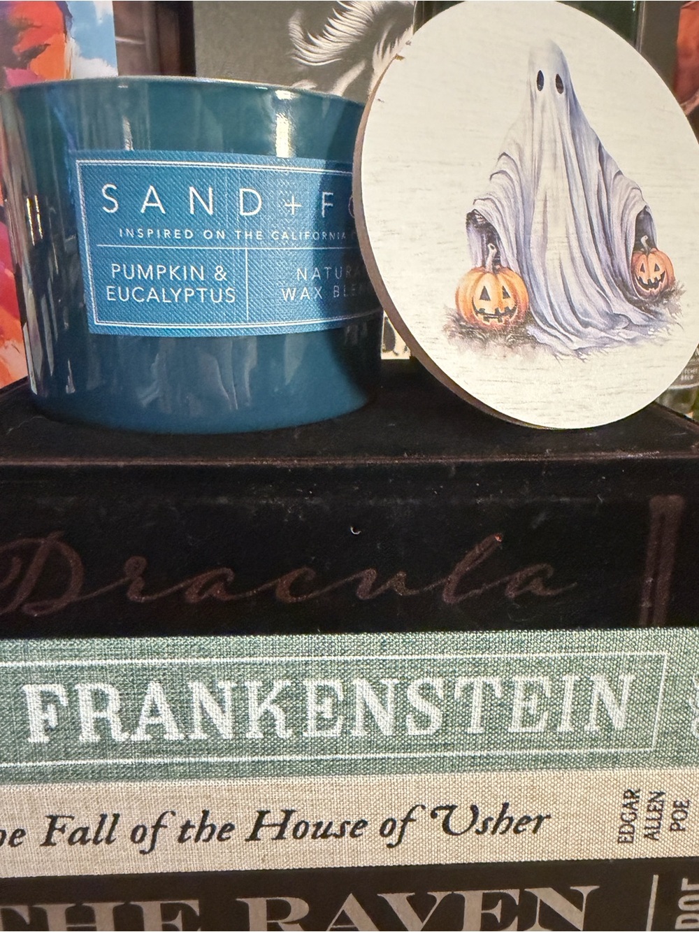 SAND + Fog Pumpkin & Eucalyptus Candle - Teal Jar with Ghostly Trick or Treater